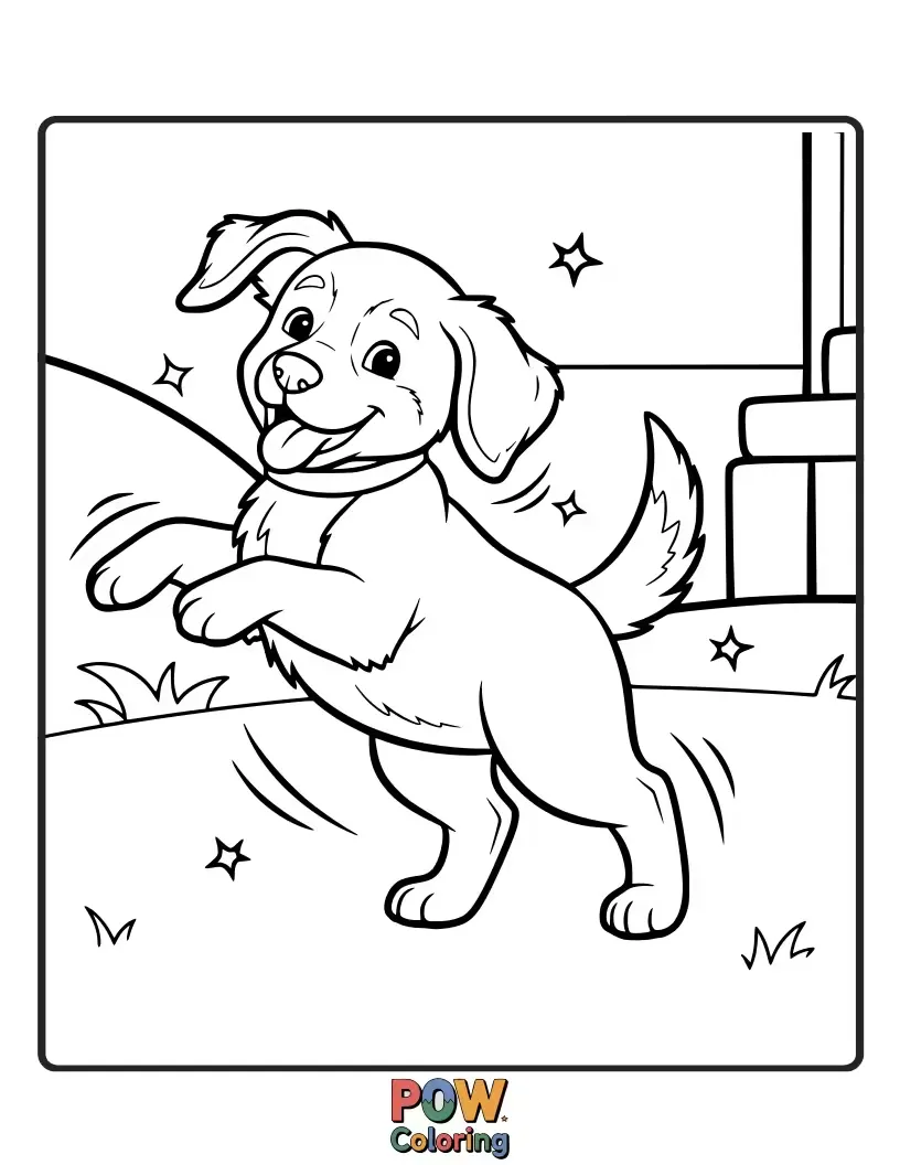 Free coloring page of A happy puppy with a wagging tail attempts a wobbly pirouette, its ballet slippers nearly tripping it. Enthusiastic execution!