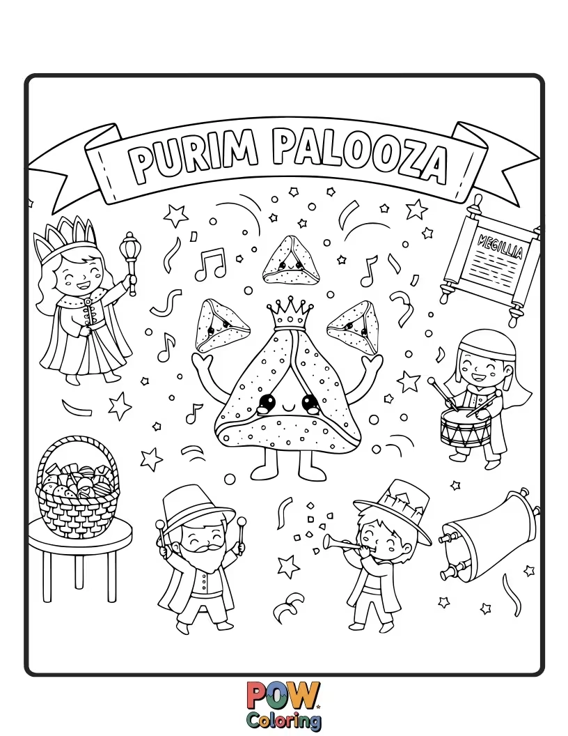 Free coloring page of A giant, smiling hamantaschen cookie wearing sunglasses is leading a lively Purim dance party with all its friends.