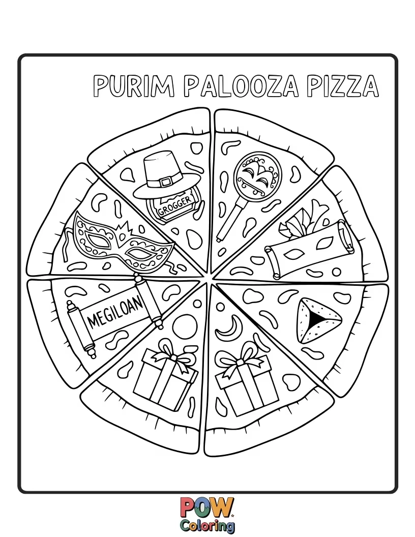 Free coloring page of A pizza with hamantaschen slices as toppings, surrounded by smiling faces enjoying the unique Purim feast. Yum!