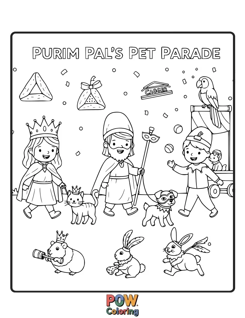 Free coloring page of A parade of various pets, all dressed up in cute Purim costumes, marching along with their proud owners.