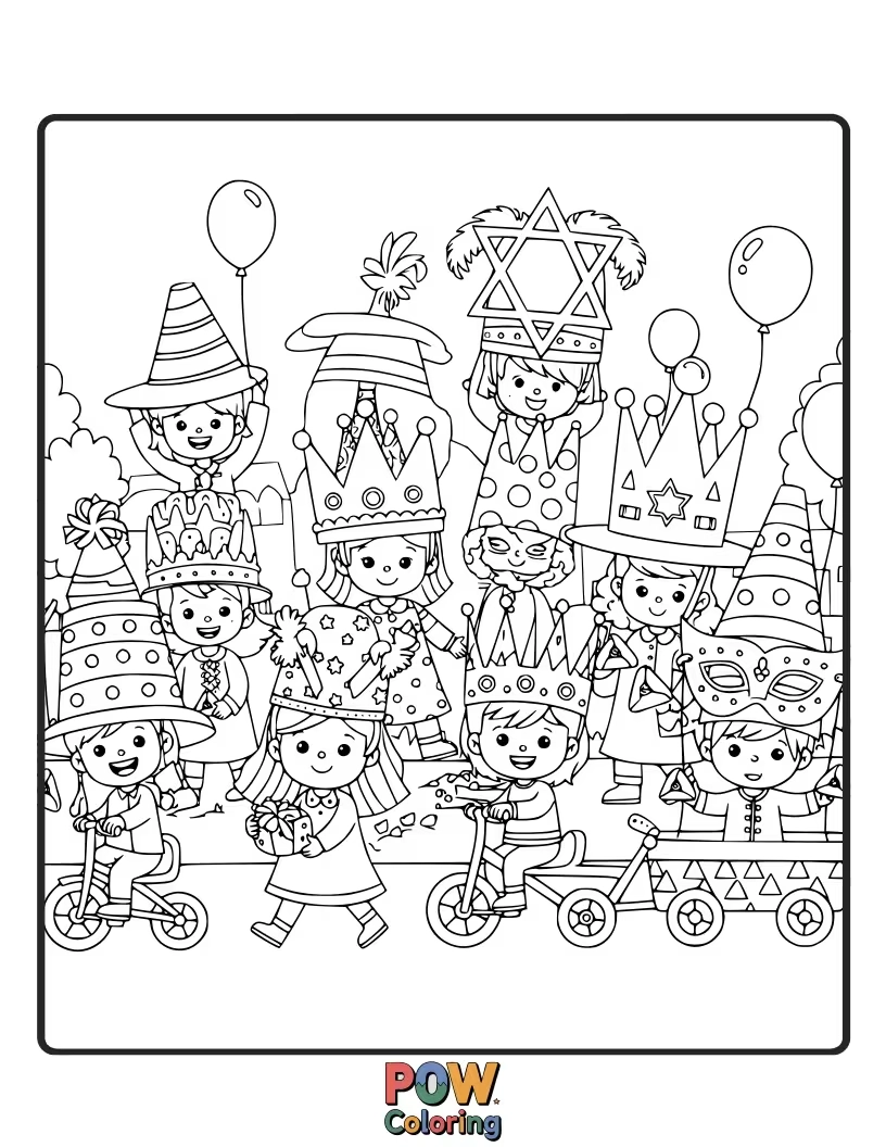 Free coloring page of A silly procession of animals wearing oversized, colorful Purim party hats. They're marching with joy and confetti raining down.