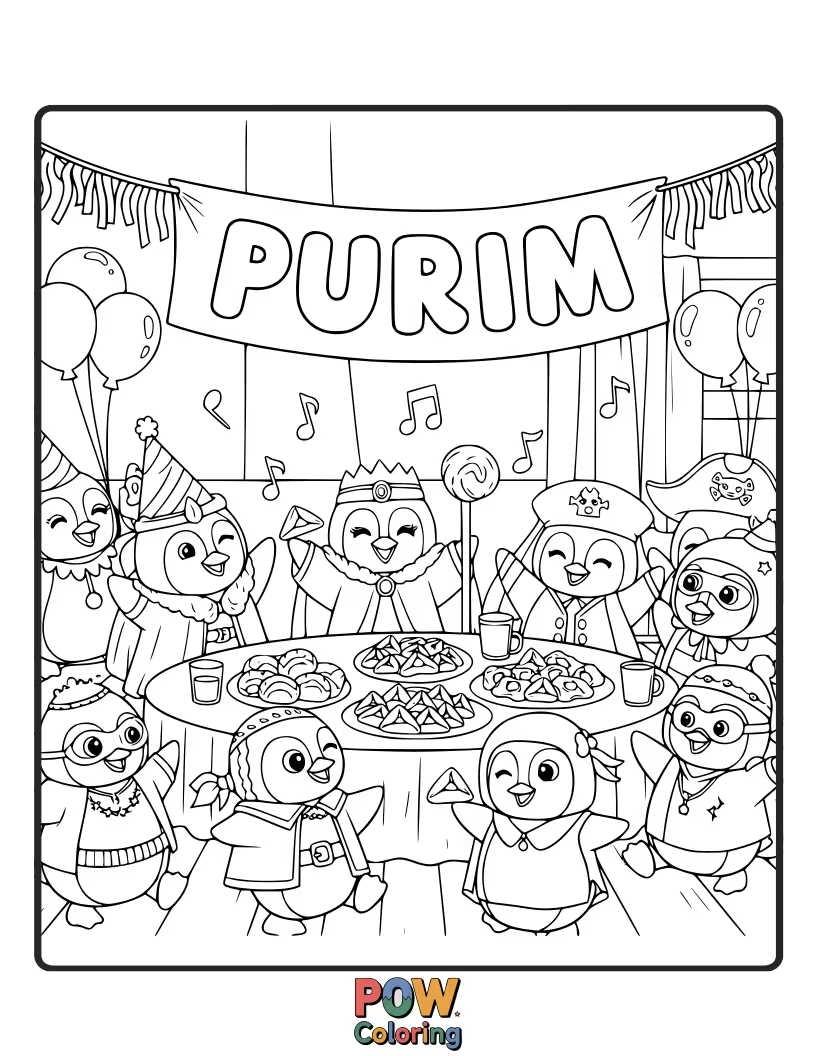 Free coloring page of A group of dapper penguins are dressed in festive attire, enjoying a Purim celebration with miniature groggers and hats.