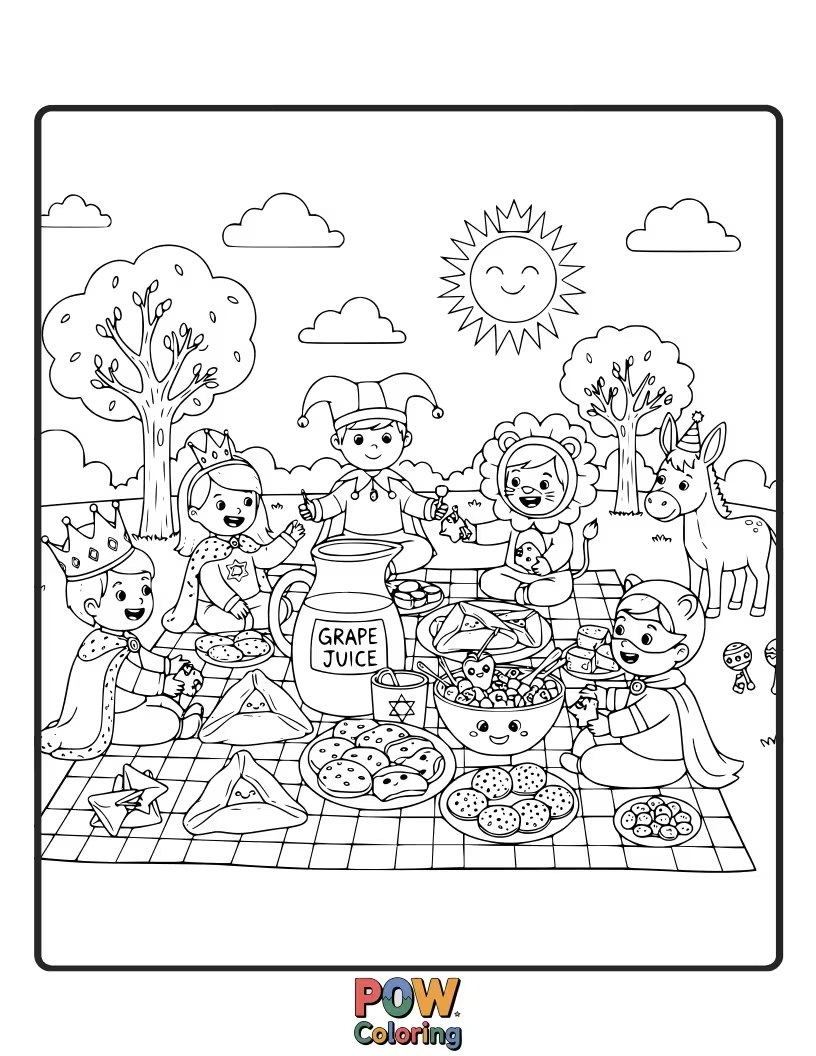 Free coloring page of A fun picnic spread featuring a delightful assortment of Purim foods, from hamantaschen to fruit, shared by friends.
