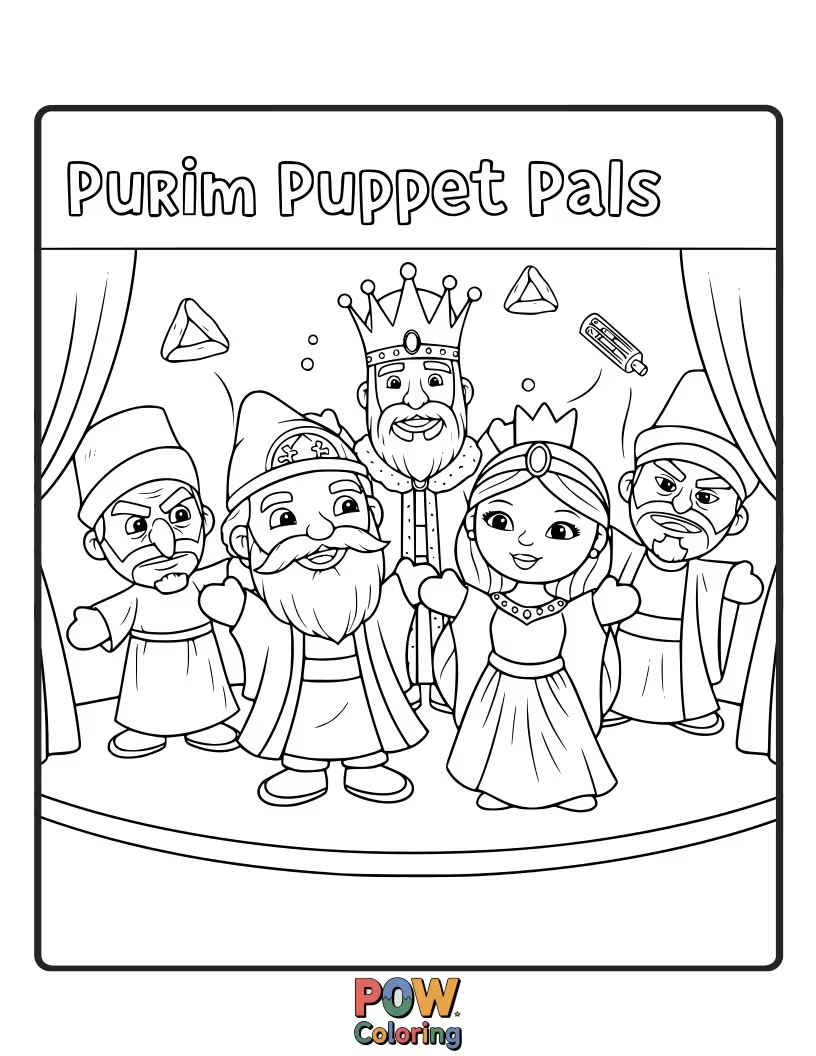 Free coloring page of A group of adorable hand puppets, each uniquely decorated for Purim, are putting on a delightful show.