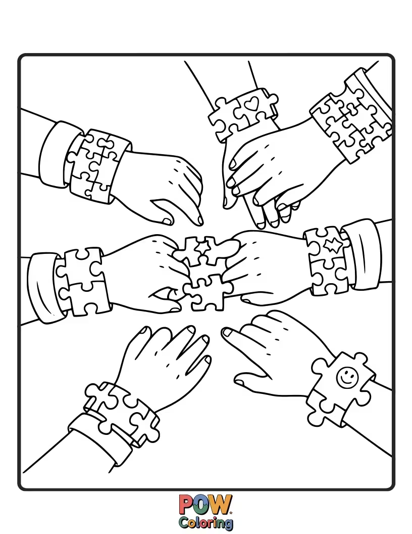 Free coloring page of Interlocking puzzle pieces form a bracelet, symbolizing connection and friendship. A thoughtful and creative design.