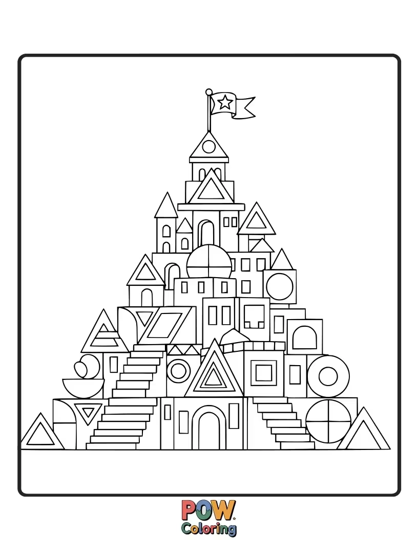 Free coloring page of Design a magnificent pyramid palace, learning about the triangular faces and pointed apex of this ancient shape.