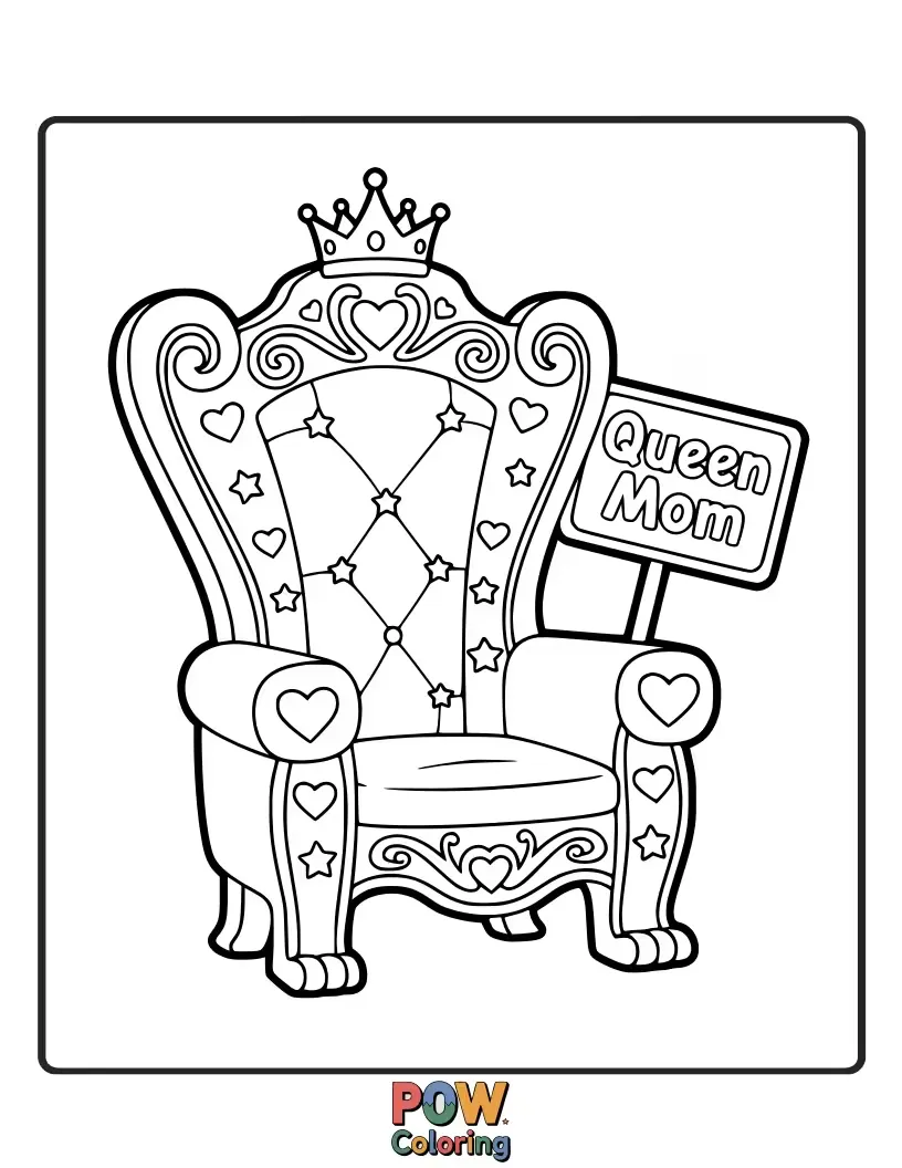 Free coloring page of A regal mom sitting on a beautiful throne decorated with flowers, wearing a sparkling crown. She's the queen of the family.