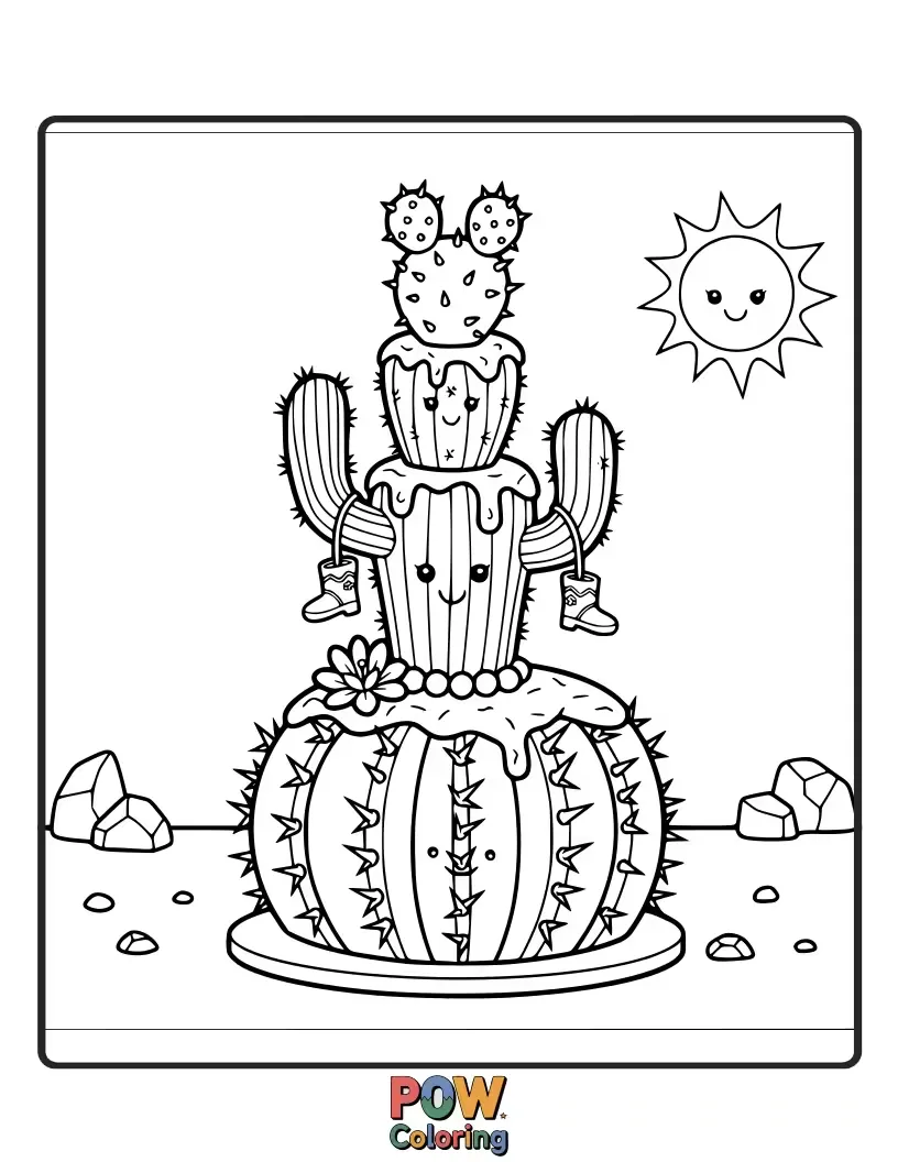 Free coloring page of Fun and spiky cactus cakes with little smiles and colorful flowers, bringing desert charm.