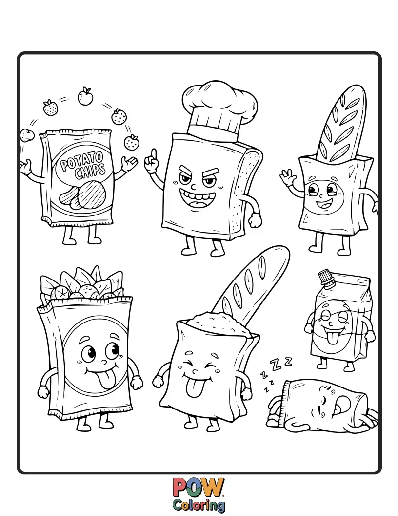 Free coloring page of Amusing bags shaped like funny food items, from smiling tacos to winking avocados, for a fun and flavorful art project.