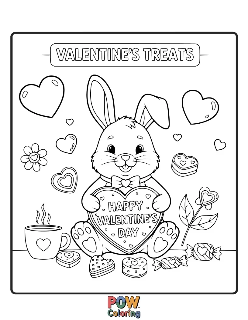 Free coloring page of A charming rabbit is offering a bouquet of heart-shaped clover to its sweetheart, a sweet gesture of love.