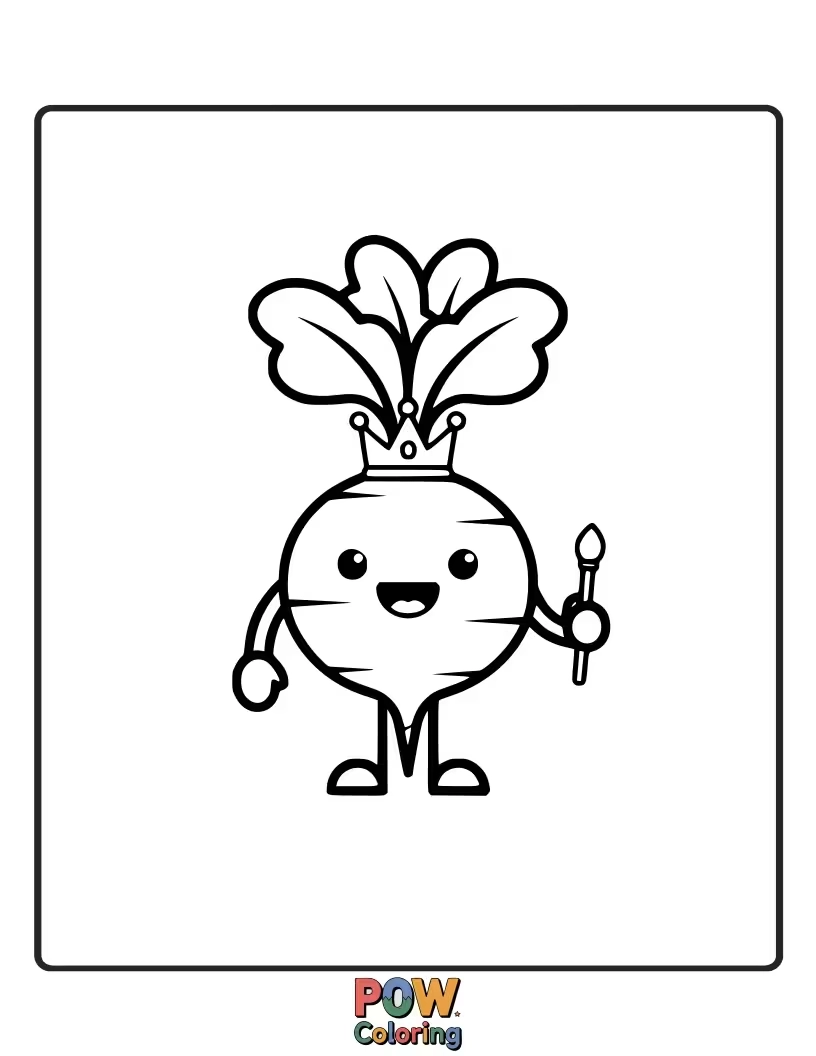 Free coloring page of A regal radish wearing a tiny crown, presiding over its colorful garden kingdom with a cheerful smile.