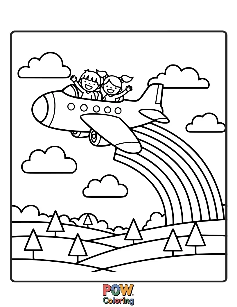 Free coloring page of An airplane soars through a vibrant rainbow, leaving a trail of sparkling stars and happy, colorful confetti.
