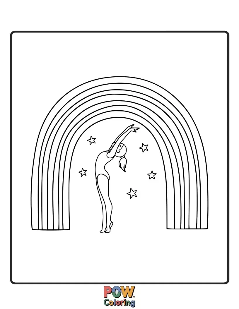 Free coloring page of Gymnasts leaping through vibrant rainbow arches, their movements as colorful and joyful as the spectrum itself.
