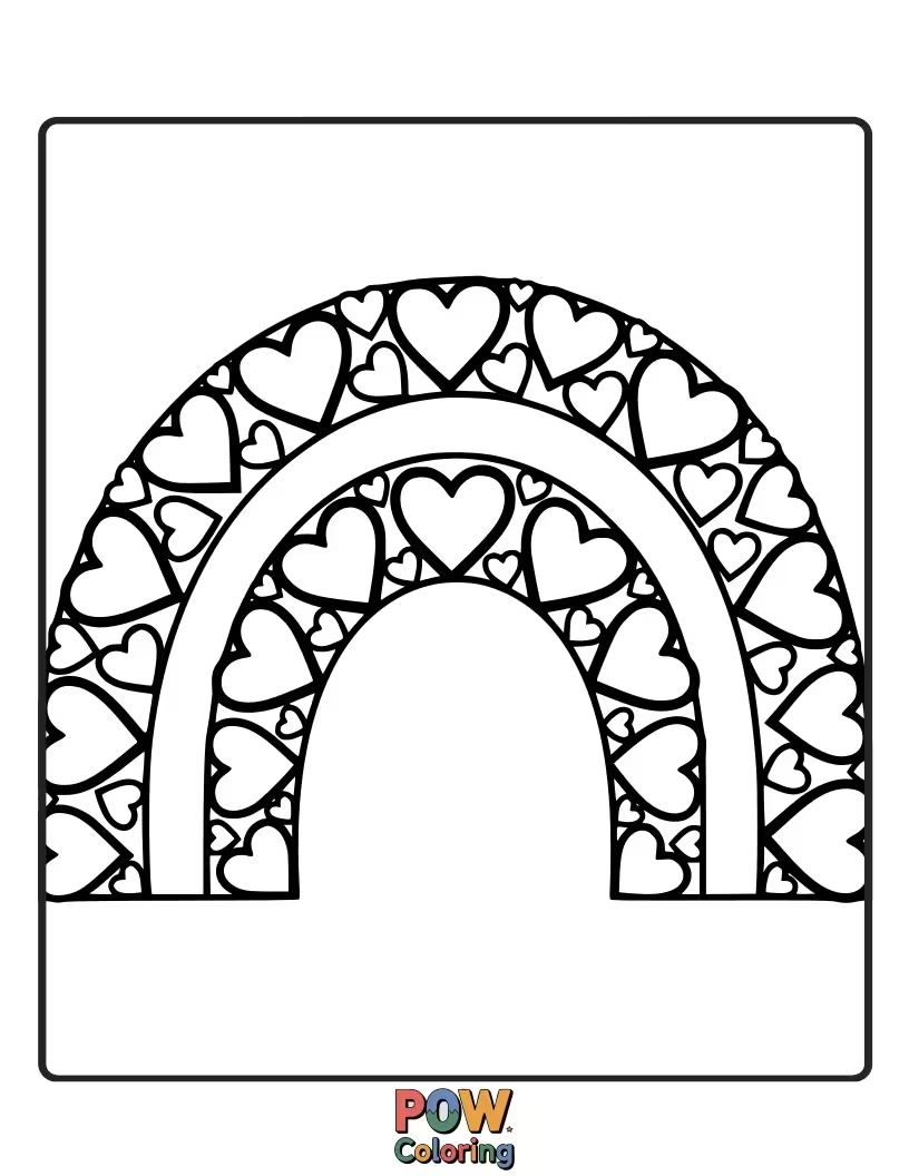 Free coloring page of Vibrant hearts arranged along a beautiful rainbow archway. Cheerful and colorful.