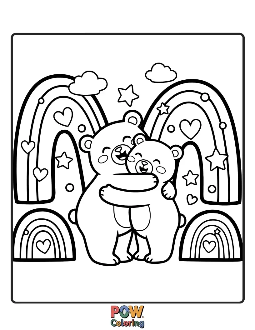 Free coloring page of A cuddly teddy bear wrapped in a big, colorful rainbow hug. The epitome of warmth, comfort, and vibrant affection.