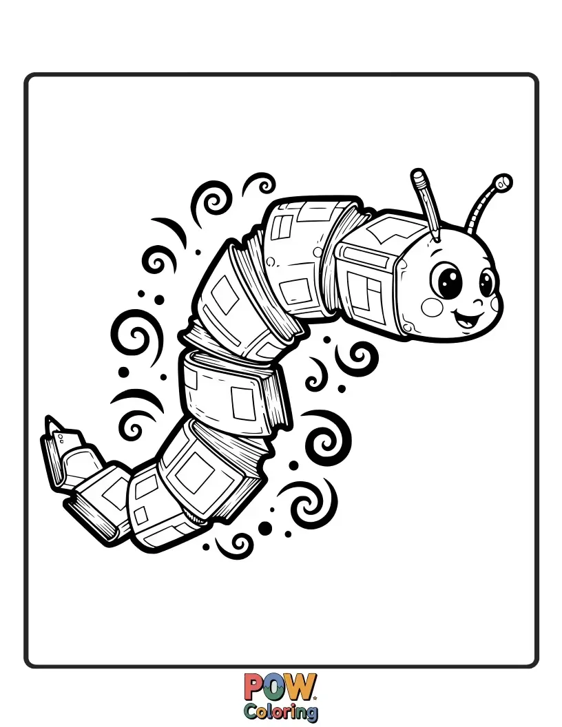 Free coloring page of A curious owl with rainbow-colored feathers nestled amongst stacks of colorful books, under a soft rainbow glow. For little scholars and dreamers.