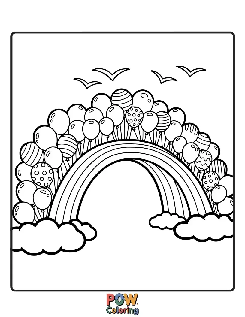 Free coloring page of A vibrant rainbow forms a bridge for hot air balloons, each with unique patterns and smiling faces.