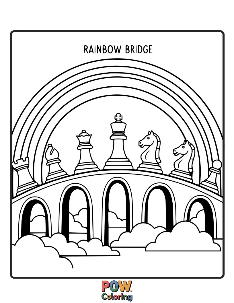 Free coloring page of Chess pieces standing on a vibrant rainbow, playing a game in a magical, sky-high landscape.