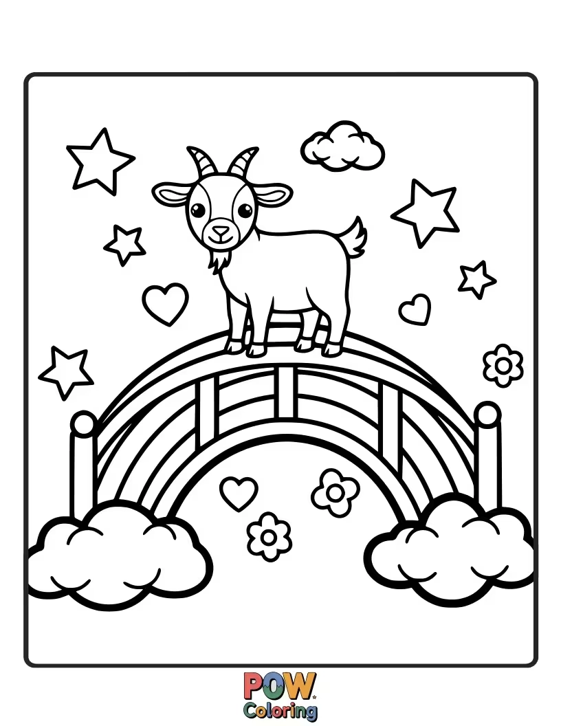 Free coloring page of A hopeful goat walking across a vibrant rainbow bridge, leading towards a land of fluffy clouds and sunshine.
