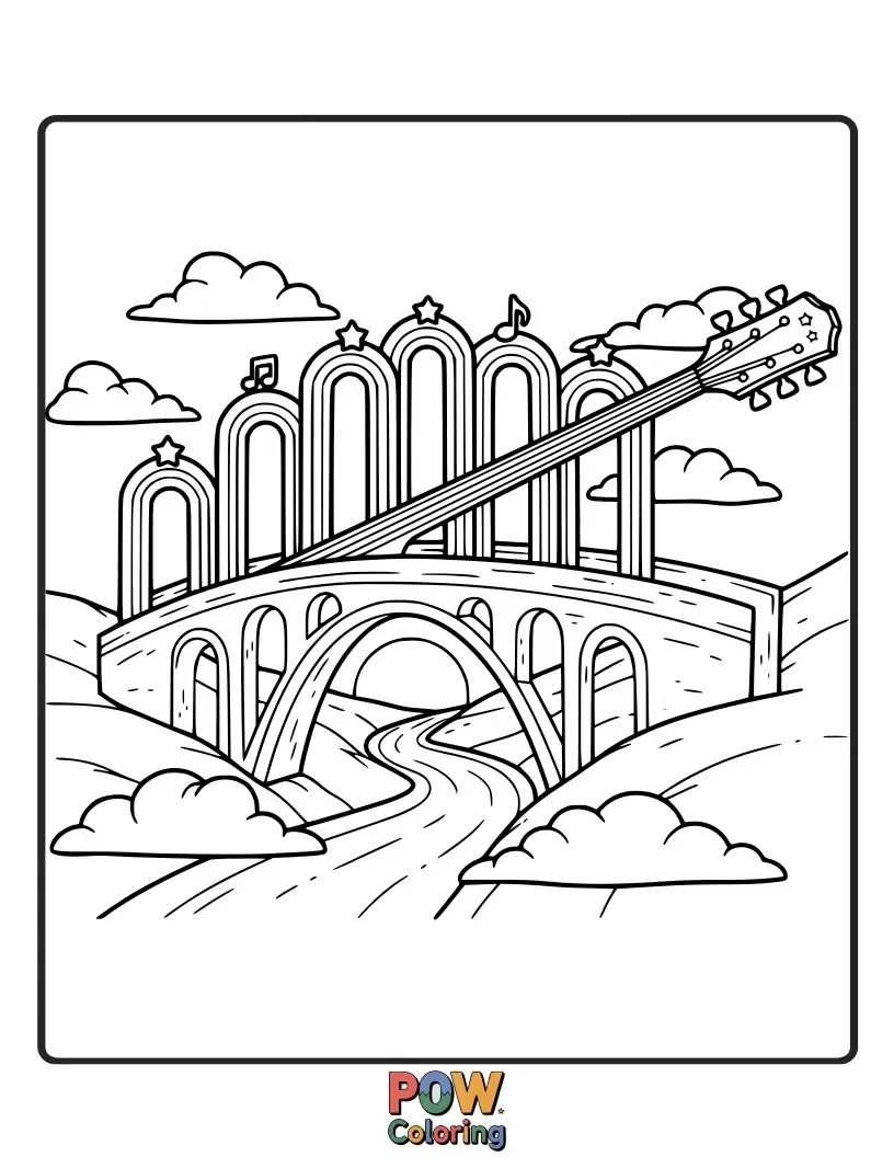 Free coloring page of A guitar with strings made of vibrant rainbow colors, leading to a pot of musical gold.