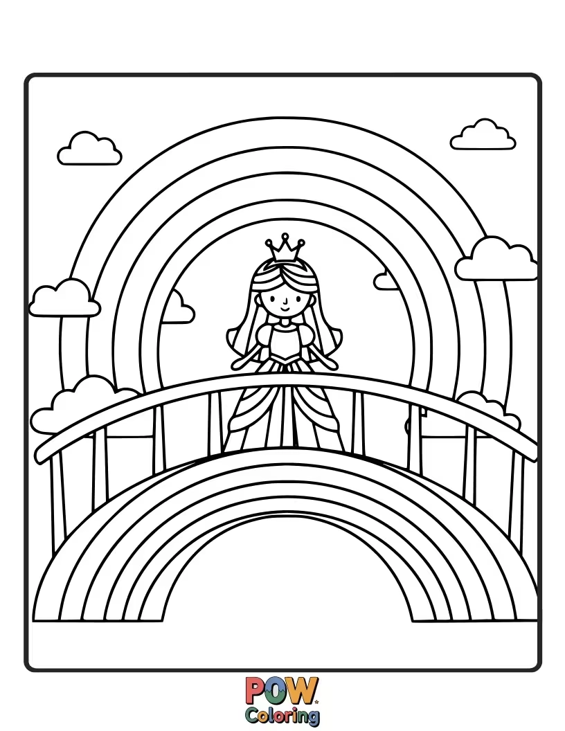 Free coloring page of A vibrant princess skipping across a magical rainbow bridge leading to her kingdom.