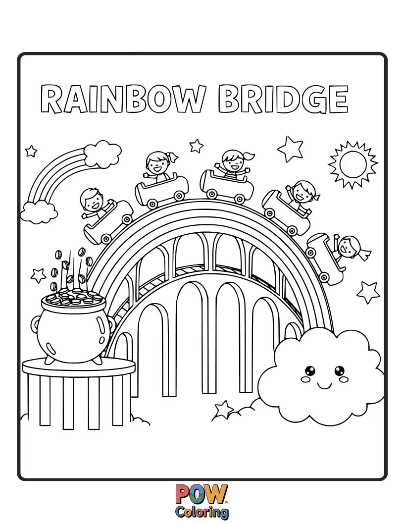 Free coloring page of A vibrant roller coaster arches like a rainbow over a sparkling landscape, inviting colorful journeys.