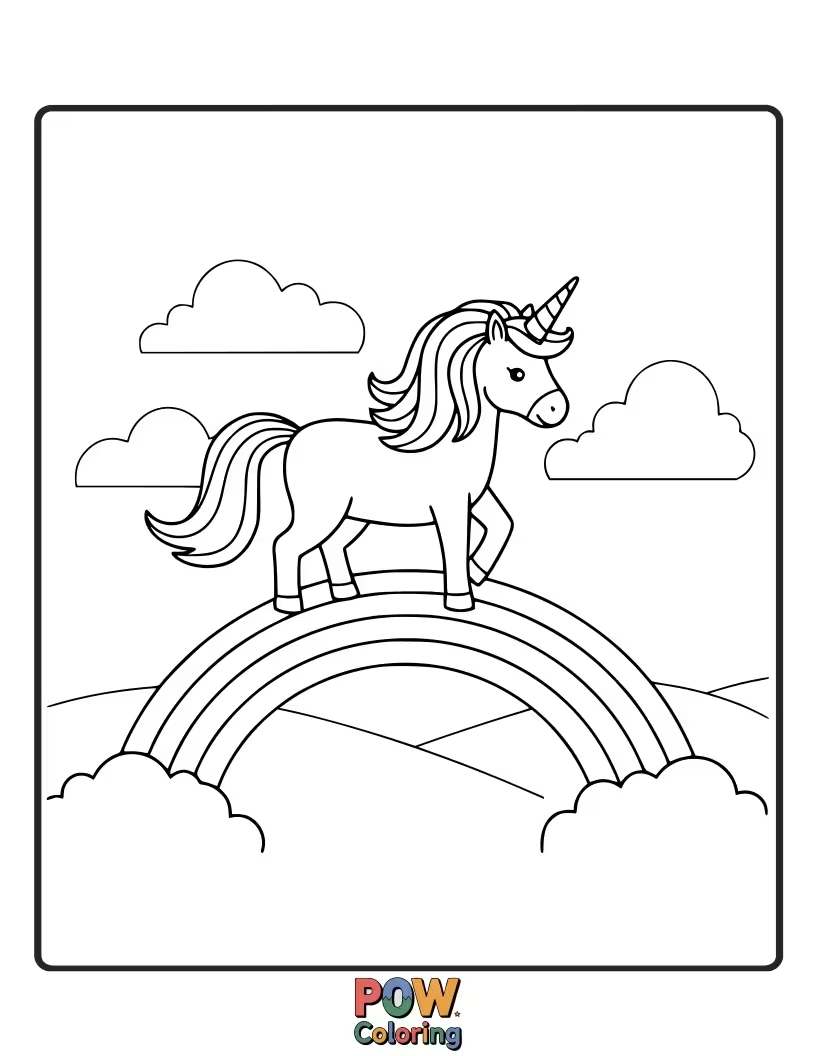Free coloring page of Triumphant unicorn standing at the end of a vibrant rainbow bridge.