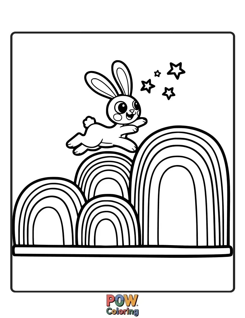 Free coloring page of A playful bunny leaps through a vibrant rainbow, leaving a trail of sparkling confetti in its wake.