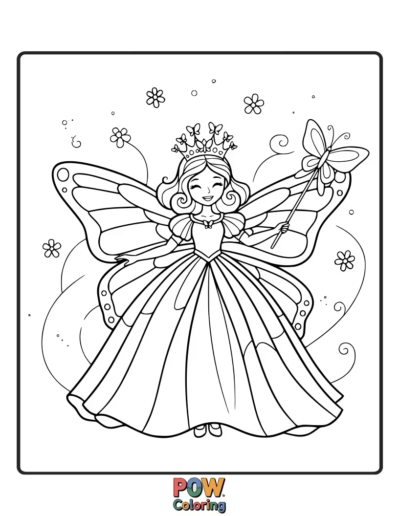 Free coloring page of A joyful princess surrounded by large, colorful butterflies with rainbow-patterned wings.