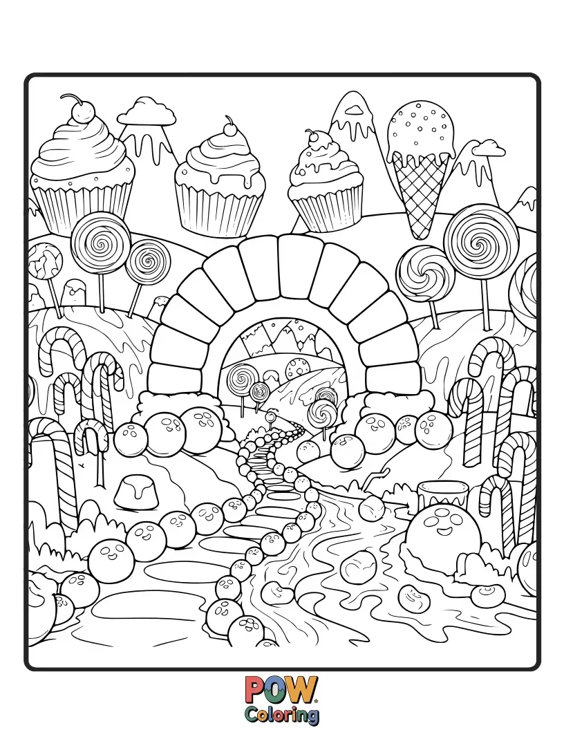 Free coloring page of A whimsical landscape made of lollipops, gumdrops, and candy canes, all forming a vibrant rainbow path. Indulge in sweet, colorful dreams.