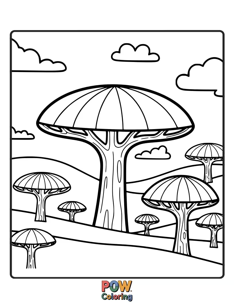 Free coloring page of Majestic trees reaching towards the sky, their leaves forming a vibrant, seamless rainbow arc.