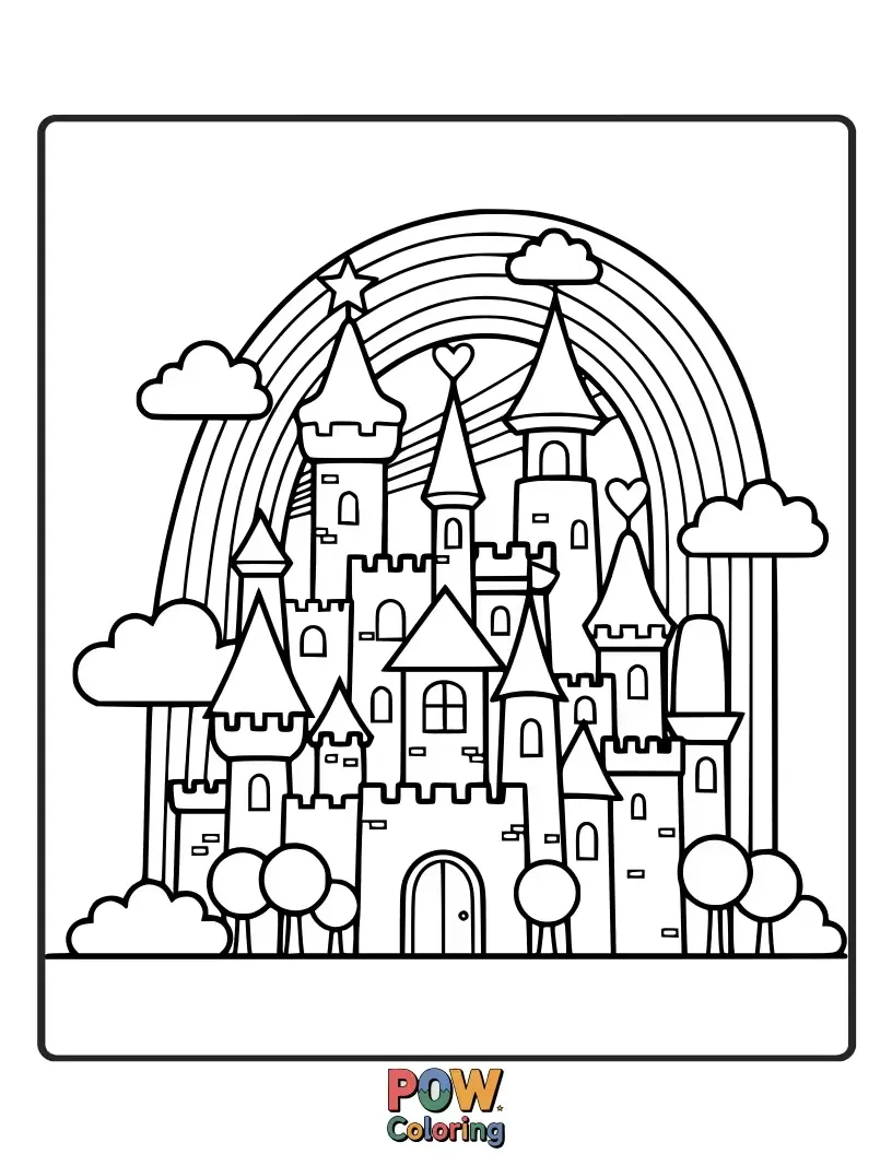 Free coloring page of A magical castle with rainbow-colored turrets and flags, surrounded by a shimmering rainbow bridge. Explore a land of enchantment and color.