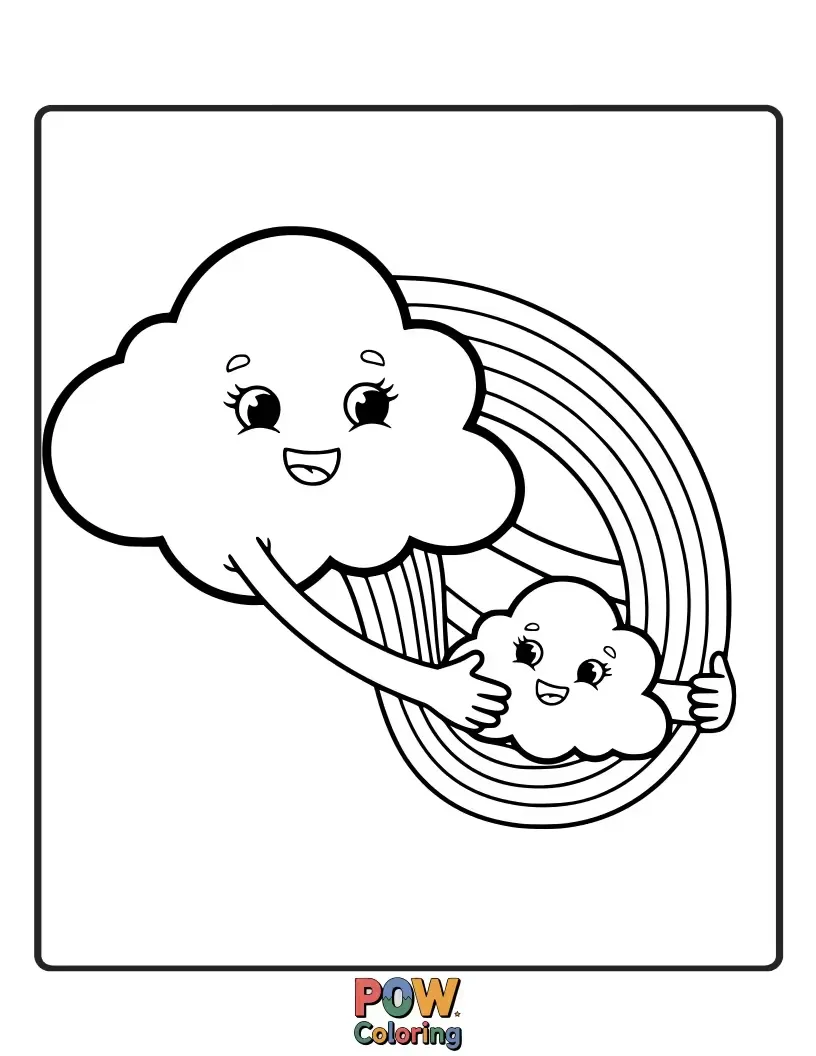 Free coloring page of A fluffy cloud with a rainbow arching over it, giving the rainbow a warm, comforting hug. Perfect for sweet dreams and cozy afternoons.