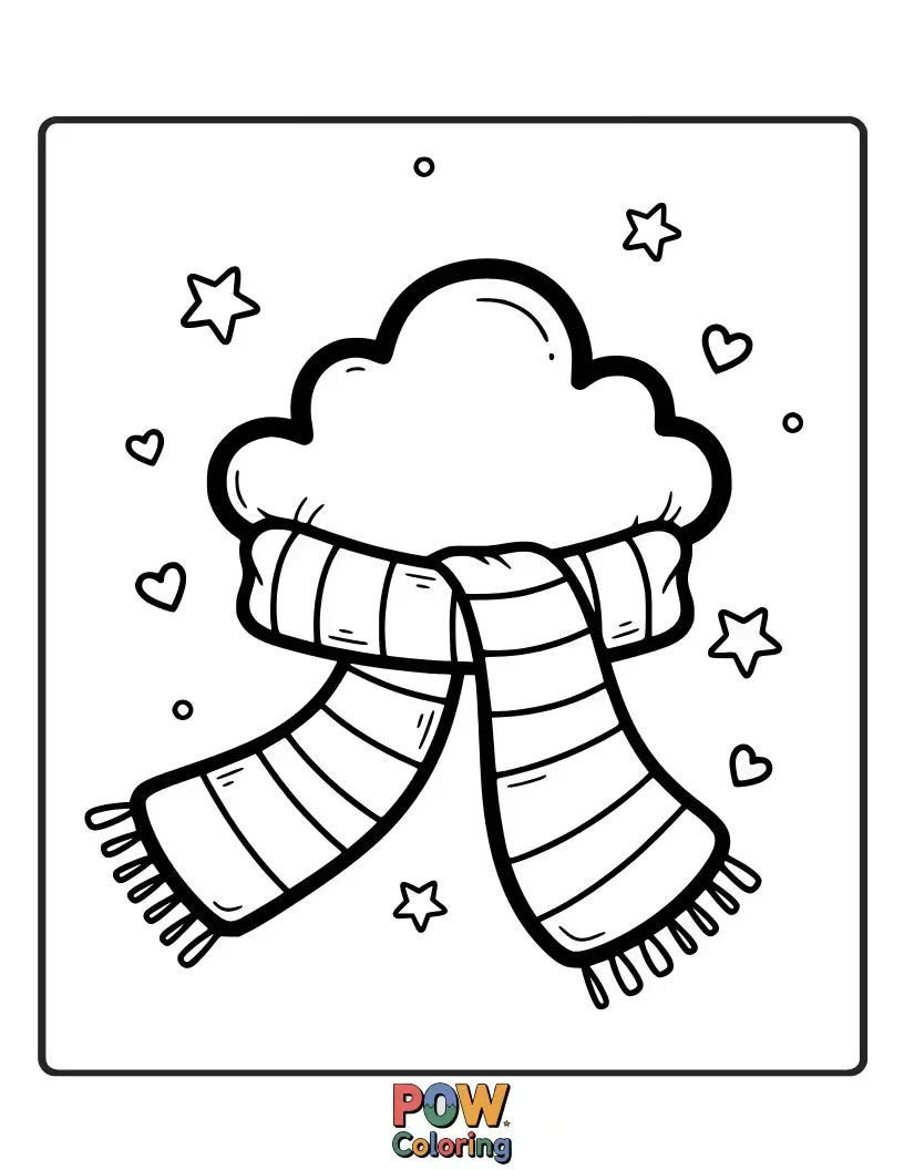 Free coloring page of A fluffy cloud scarf with a vibrant rainbow arching over it. Bring this cheerful sky scene to life with bright hues.