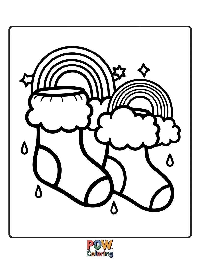 Free coloring page of Bring a burst of color with these cheerful socks, featuring fluffy clouds and vibrant, arcing rainbows.