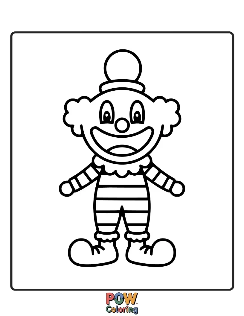 Free coloring page of A smiling clown with a rainbow-colored wig and oversized shoes, spreading cheer.