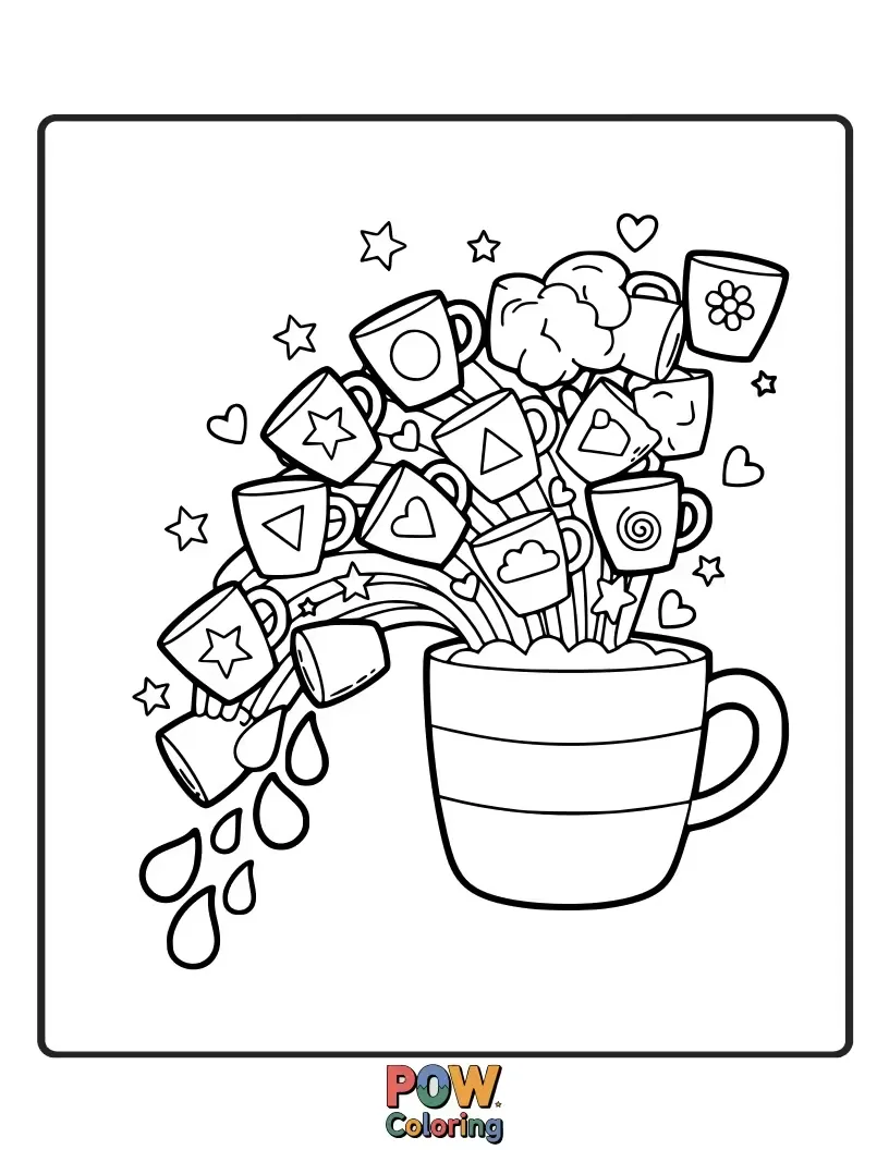 Free coloring page of A vibrant arc of colorful cups, each shimmering with the hues of a beautiful rainbow. Pure magic!