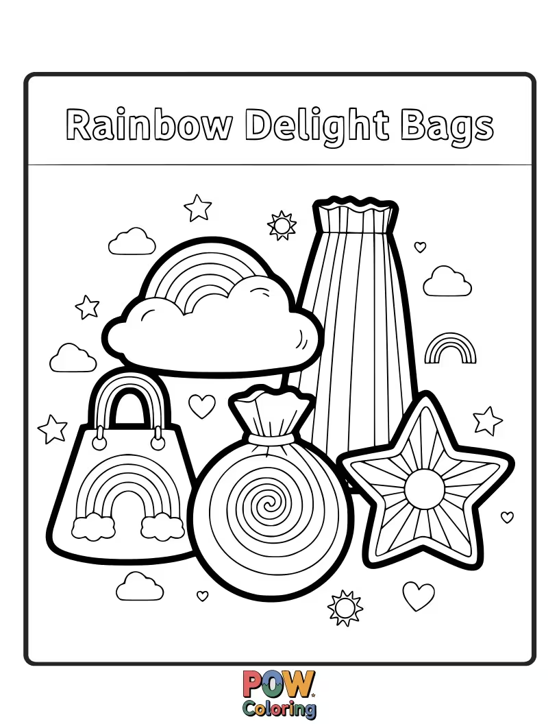 Free coloring page of Vibrant bags designed with a spectrum of colors, celebrating the joy and beauty of a bright, cheerful rainbow.
