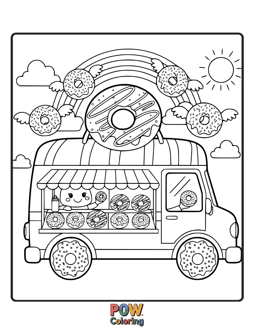 Free coloring page of A vibrant food truck adorned with rainbow colors, serving delicious donuts with playful sprinkles and a cheerful cloud.