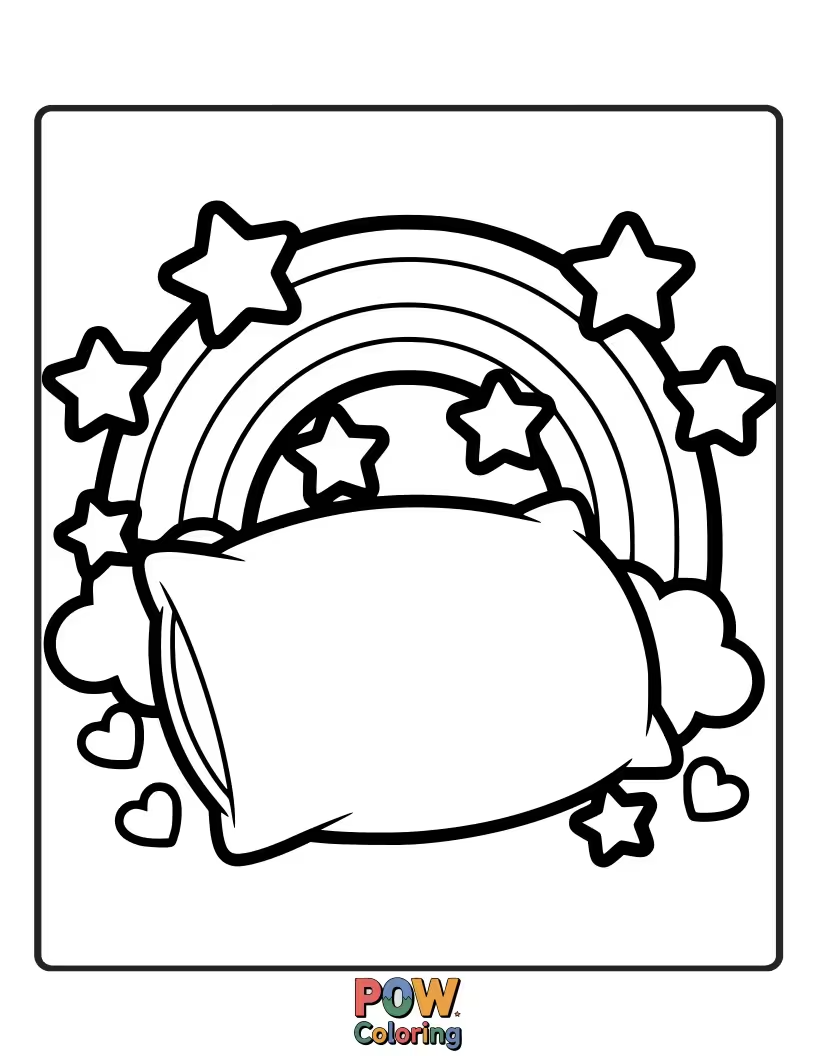Free coloring page of A soft pillow adorned with a vibrant rainbow arching over it. Imagine filling its colorful journey with your favorite hues.