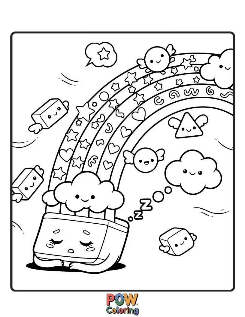 Free coloring page of A whimsical eraser floating on a rainbow cloud, sprinkles of color.