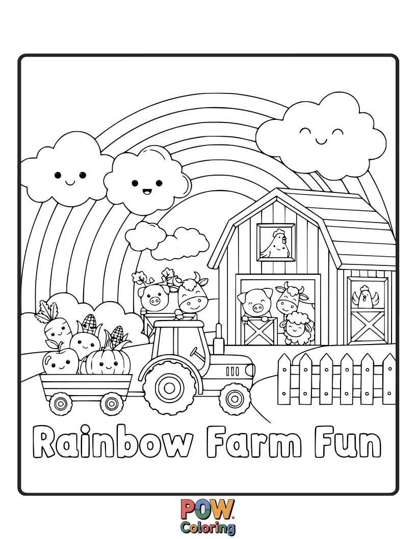 Free coloring page of A vibrant farm scene with colorful crops, a rainbow arching over happy animals playing.