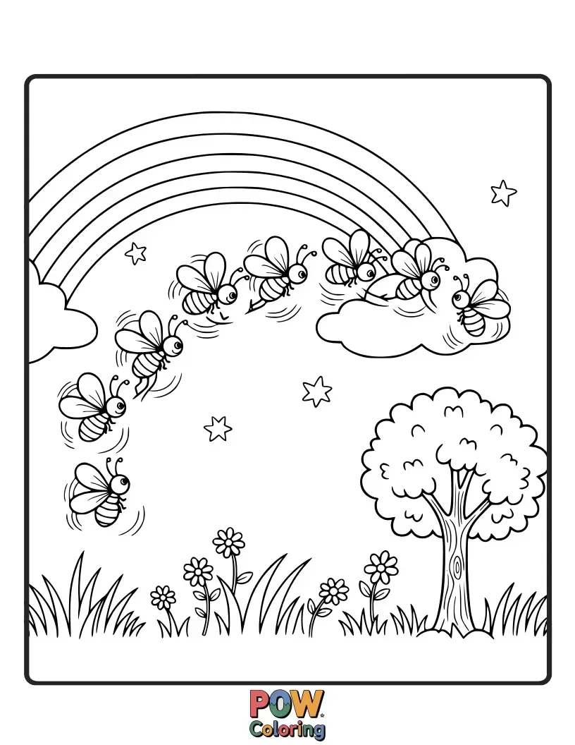 Free coloring page of Tiny fireflies with rainbow-colored lights creating magical patterns in a dark, starry night. A breathtaking display of natural beauty.