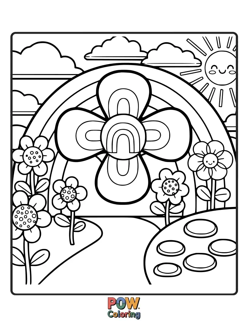 Free coloring page of A blooming garden filled with unique, fantastical flowers in every shade of the rainbow. Unleash your creativity in this floral wonderland.