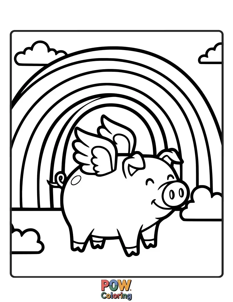 Free coloring page of A surprisingly happy pig with rainbow wings soaring through the sky above fluffy clouds. Proof that anything is possible with a little color!