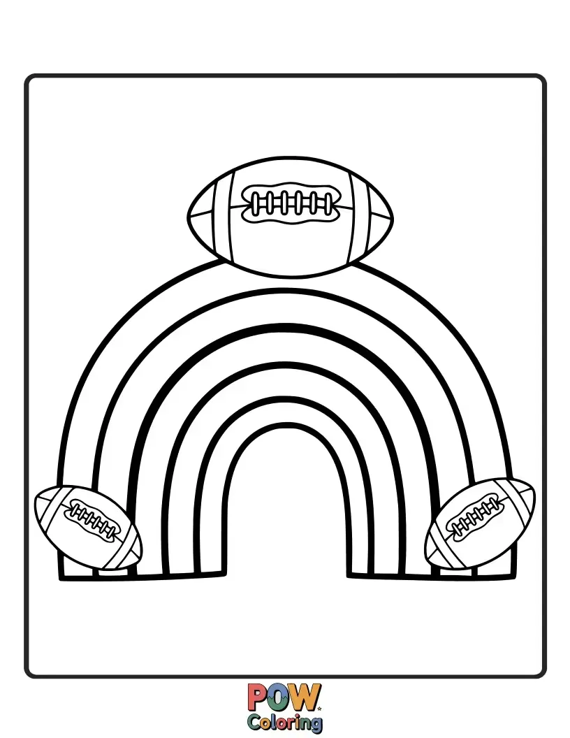 Free coloring page of A vibrant football soaring through a magnificent rainbow arch. Beautiful and uplifting for a splash of color.