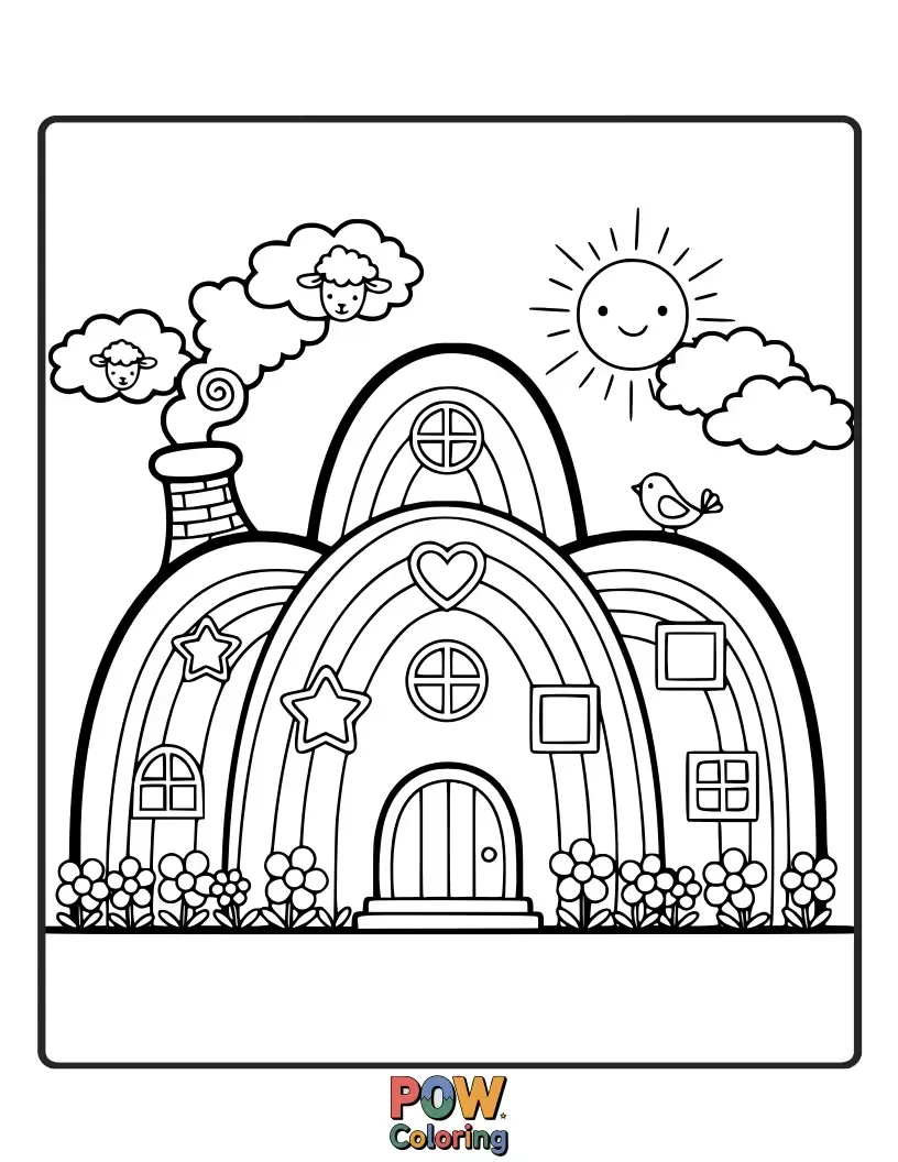 Free coloring page of A whimsical house with a rainbow arching over it, surrounded by happy clouds and stars. Imagine vibrant colors!