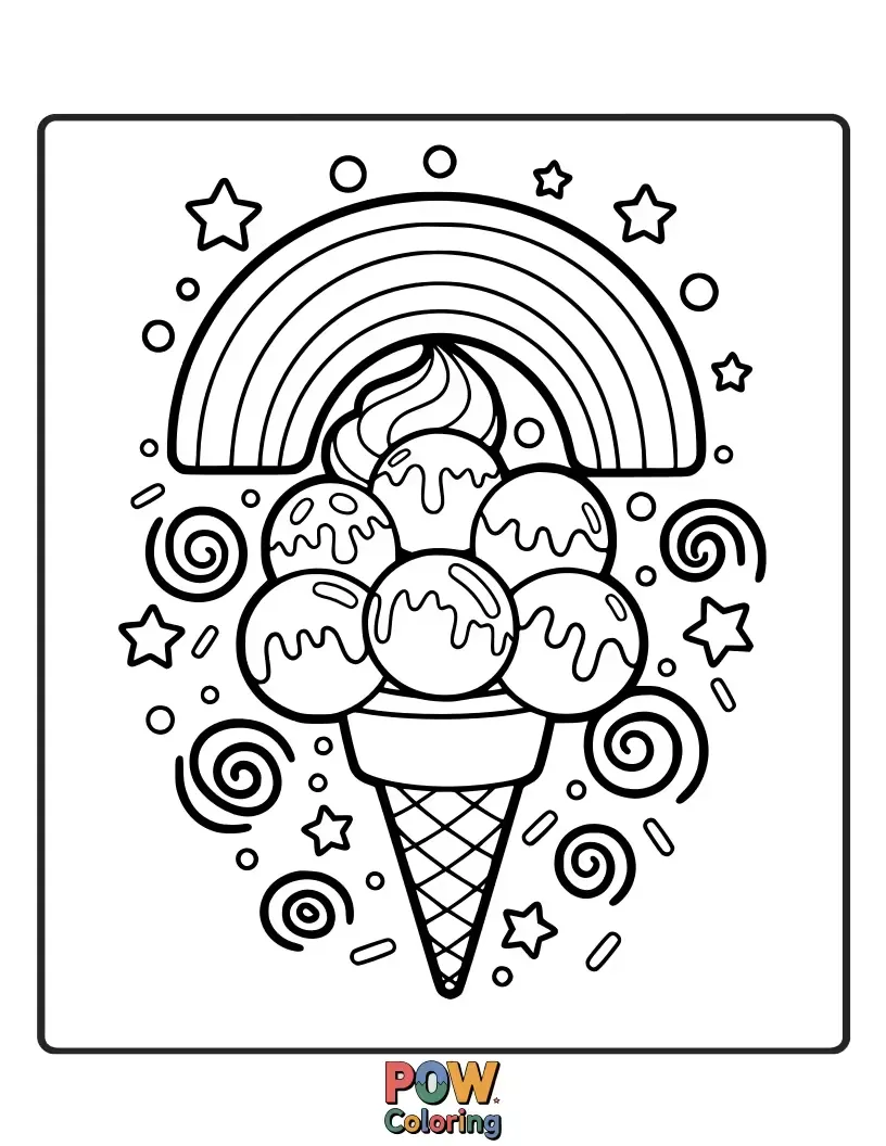 Free coloring page of An enormous, melting ice cream cone with rainbow scoops cascading down. A sweet, delicious, and delightfully messy treat for coloring fun.