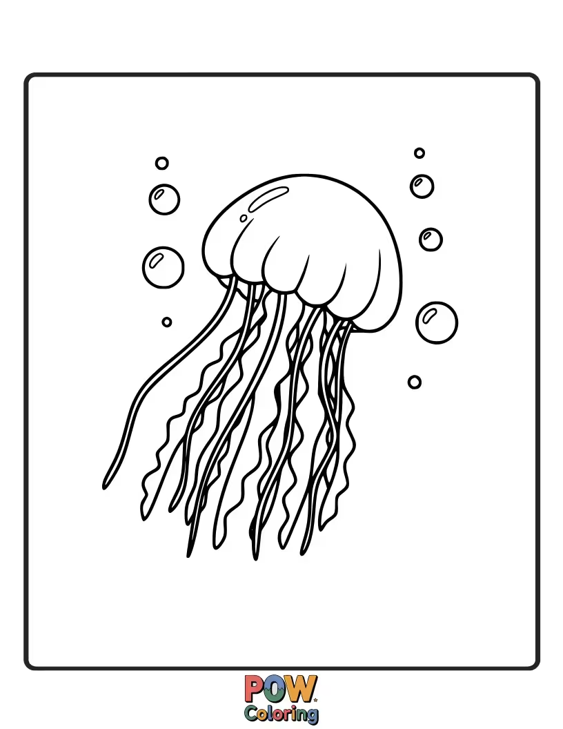 Free coloring page of Translucent jellyfish in a spectrum of bright colors drift elegantly through the water, leaving trails of magic.