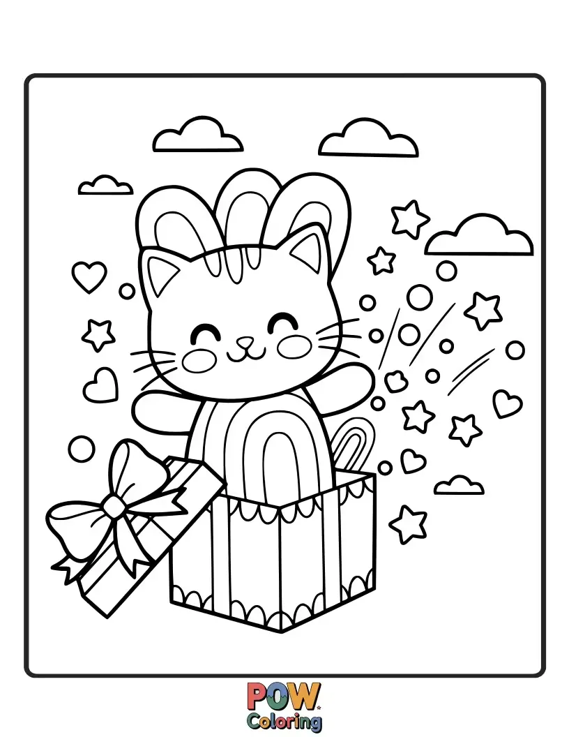 Free coloring page of A playful kitten peeking from behind a vibrant rainbow, its eyes sparkling with curiosity. A purrfectly delightful and colorful adventure awaits!